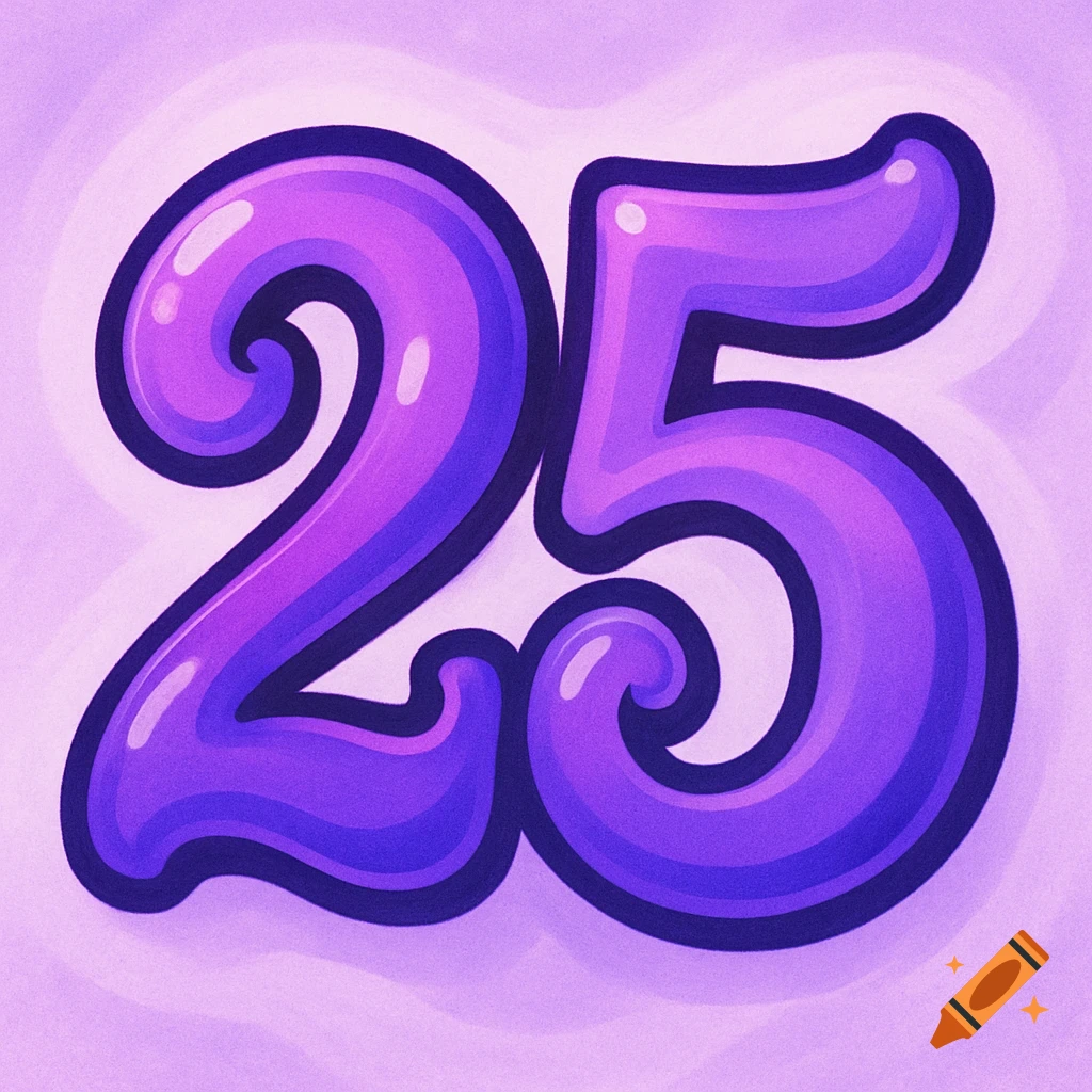 A bubbly, cartoon-style numeral 25 in vibrant purple shades against a lighter purple background.