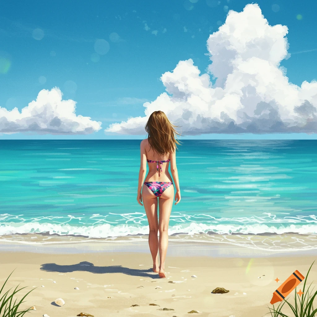 Illustrative depiction of a woman in a colorful bikini standing on a sandy beach, gazing at the turquoise ocean.