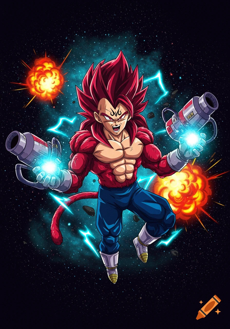 Majin Super Saiyan 4 Vegeta with red hair and fur, holding laser guns amidst explosions and lightning in space.