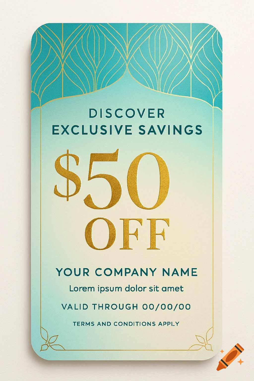Elegant Art Deco inspired promotional coupon template offering $50 off with placeholder text for company details and validity.