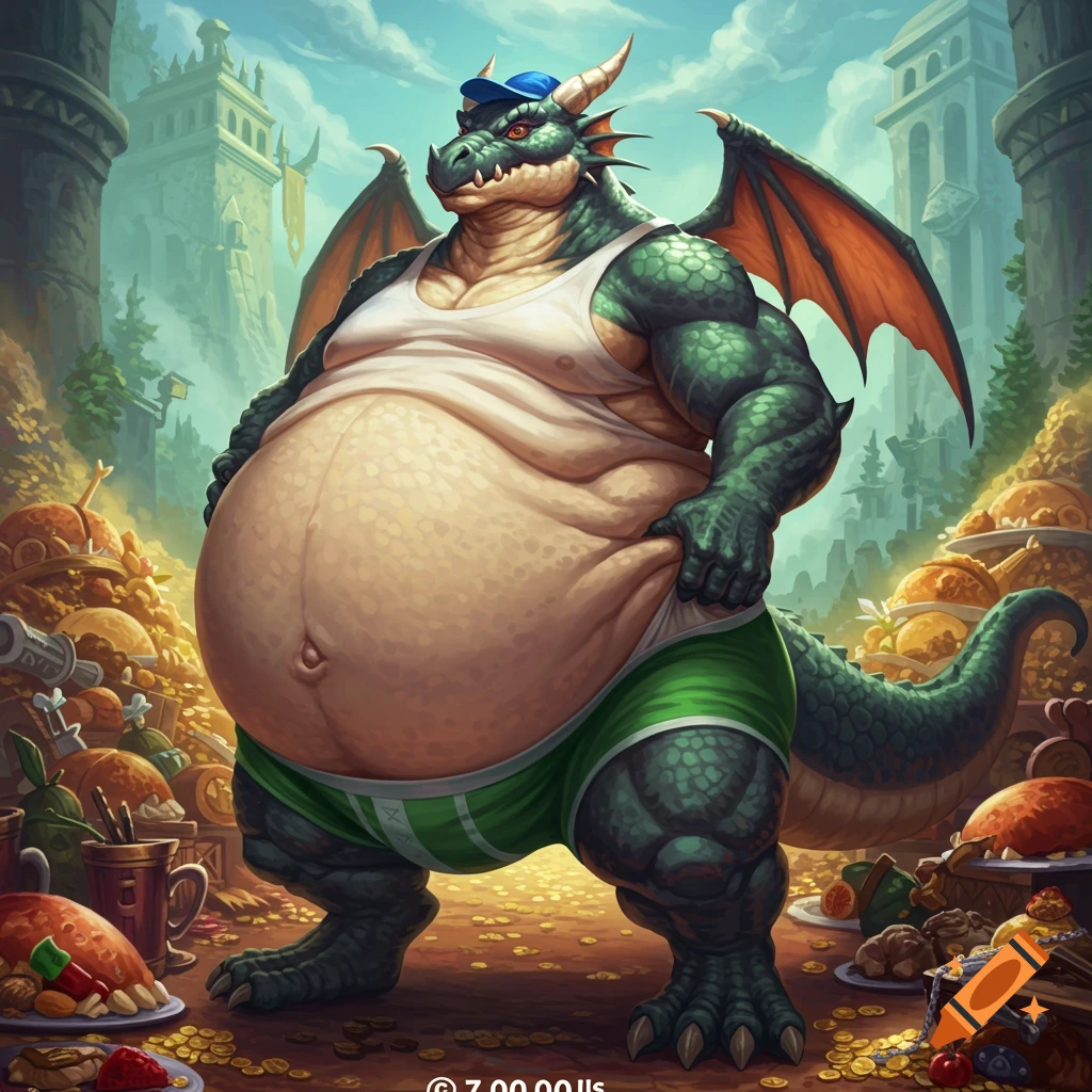 A very obese anthropomorphic green dragon in a white tank top, green boxers, and blue hat, standing amidst piles of food and gold coins in a fantasy setting.