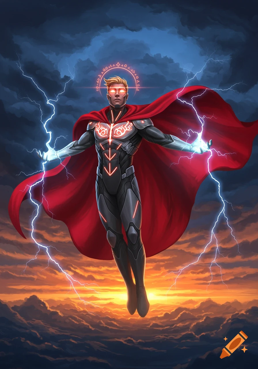 A powerful male superhero with a red cape and futuristic armor, flying amidst lightning in a dramatic sky at sunset.