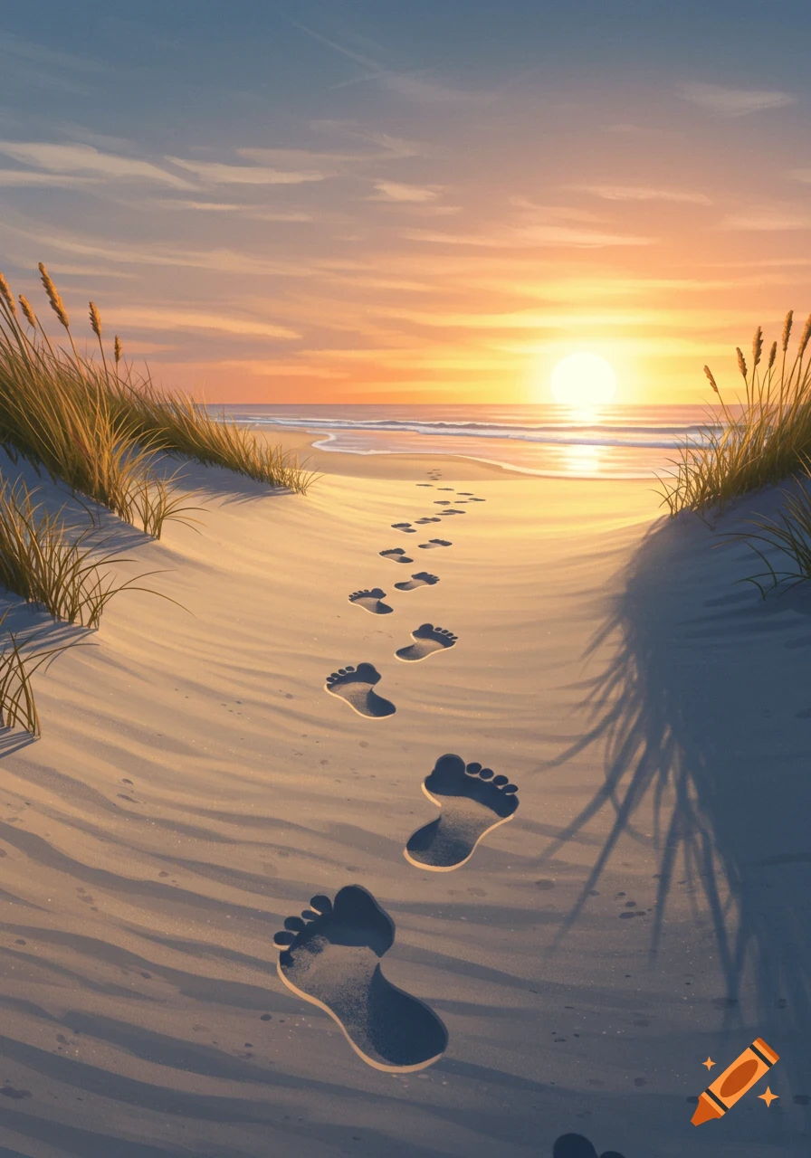 Footprints on a sandy path leading to the ocean at sunset, with grass dunes on either side.