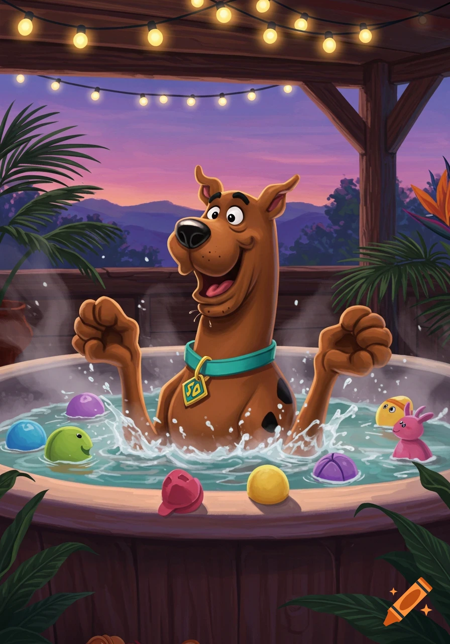 Scooby Doo is happily splashing in a hot tub outdoors at sunset, surrounded by colorful bath toys and string lights.