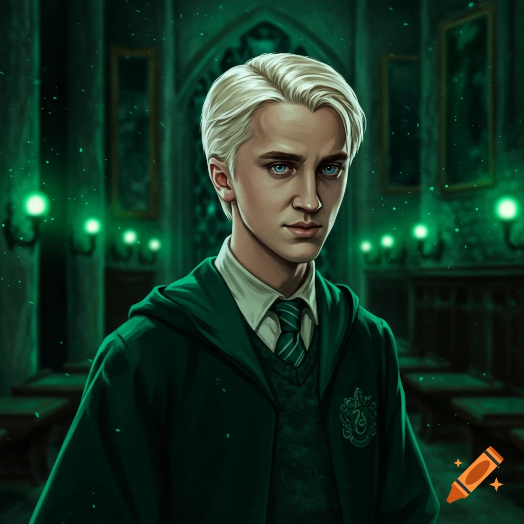 A young man with blonde hair and blue eyes, wearing a dark green Hogwarts-style uniform, stands in a dimly lit, green-hued hall.