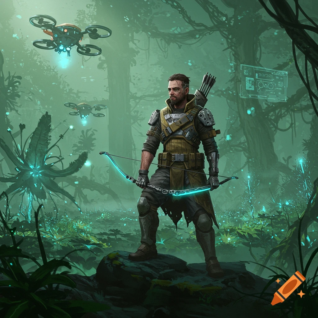 A male ranger with a glowing bow stands on a rock in a bioluminescent forest, with two drones flying overhead and a holographic screen.