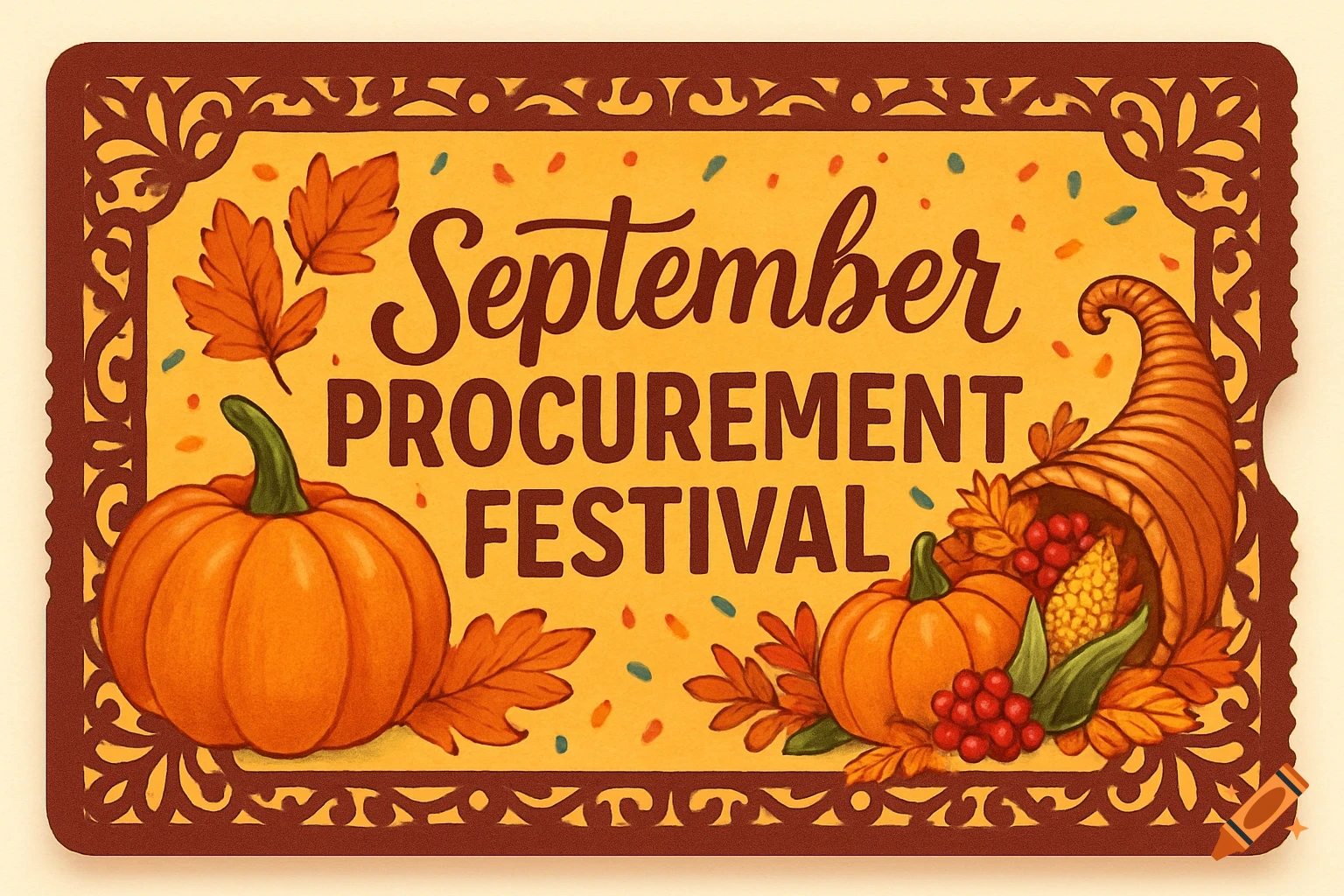 Fall festival banner for 'September Procurement Festival' with pumpkins, autumn leaves, and a cornucopia in a decorative frame.