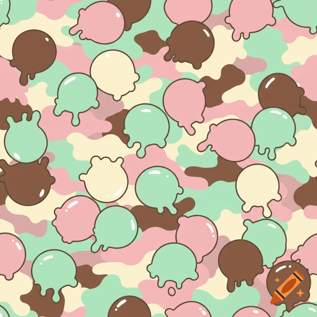 Seamless camouflage pattern made of pastel-colored ice cream scoops in mint, vanilla, strawberry, and chocolate, with melty drip shapes.