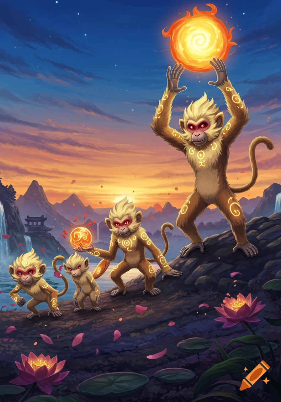 Three stages of Wukong-like monkey creatures in a fantasy landscape with glowing orbs, waterfalls, mountains, and lotus flowers at sunset.