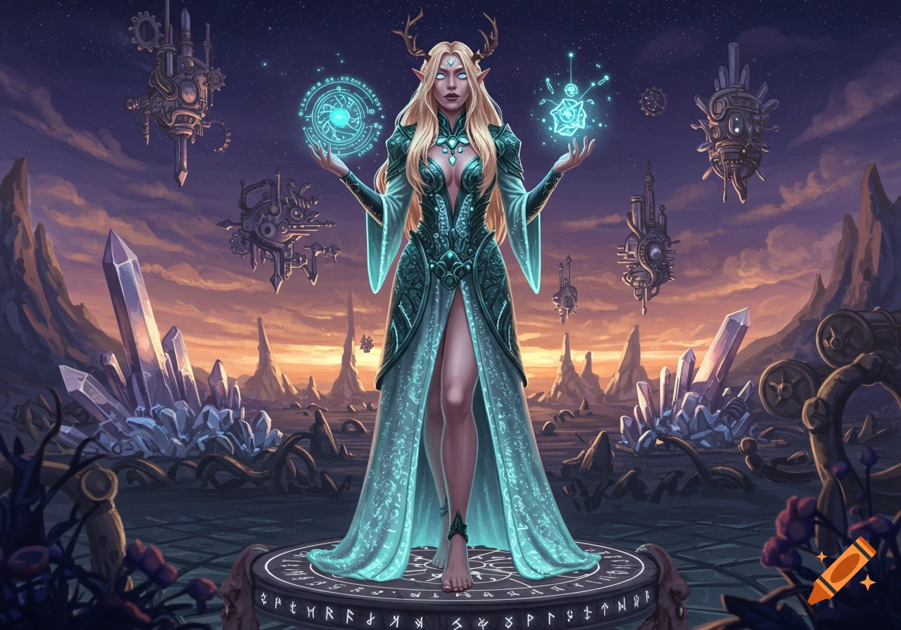 A blonde half-elf sorceress with antlers stands on a rune-covered platform, casting glowing blue spells in a fantasy landscape with crystals and floating steampunk objects at sunset.