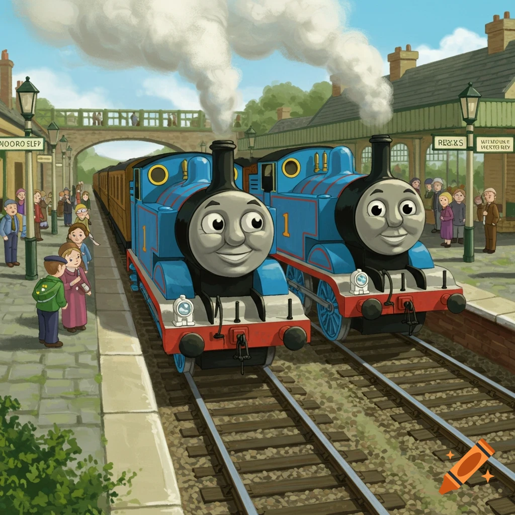 A cartoon illustration of two blue steam trains, similar to Thomas the Tank Engine, at a bustling train station with passengers.