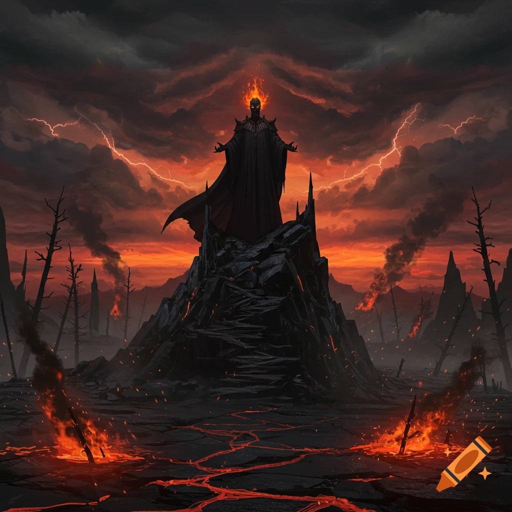 A dark lord with a fiery head stands on a rocky peak in a desolate, volcanic landscape under a stormy red sky.