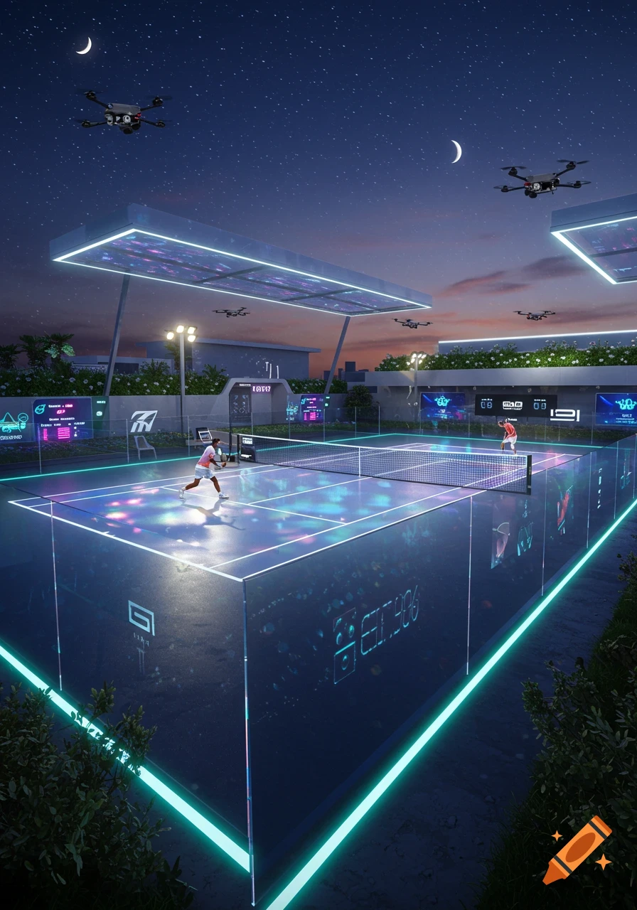 Two players on a glowing, futuristic tennis court at night, with drones flying overhead and city lights in the background.