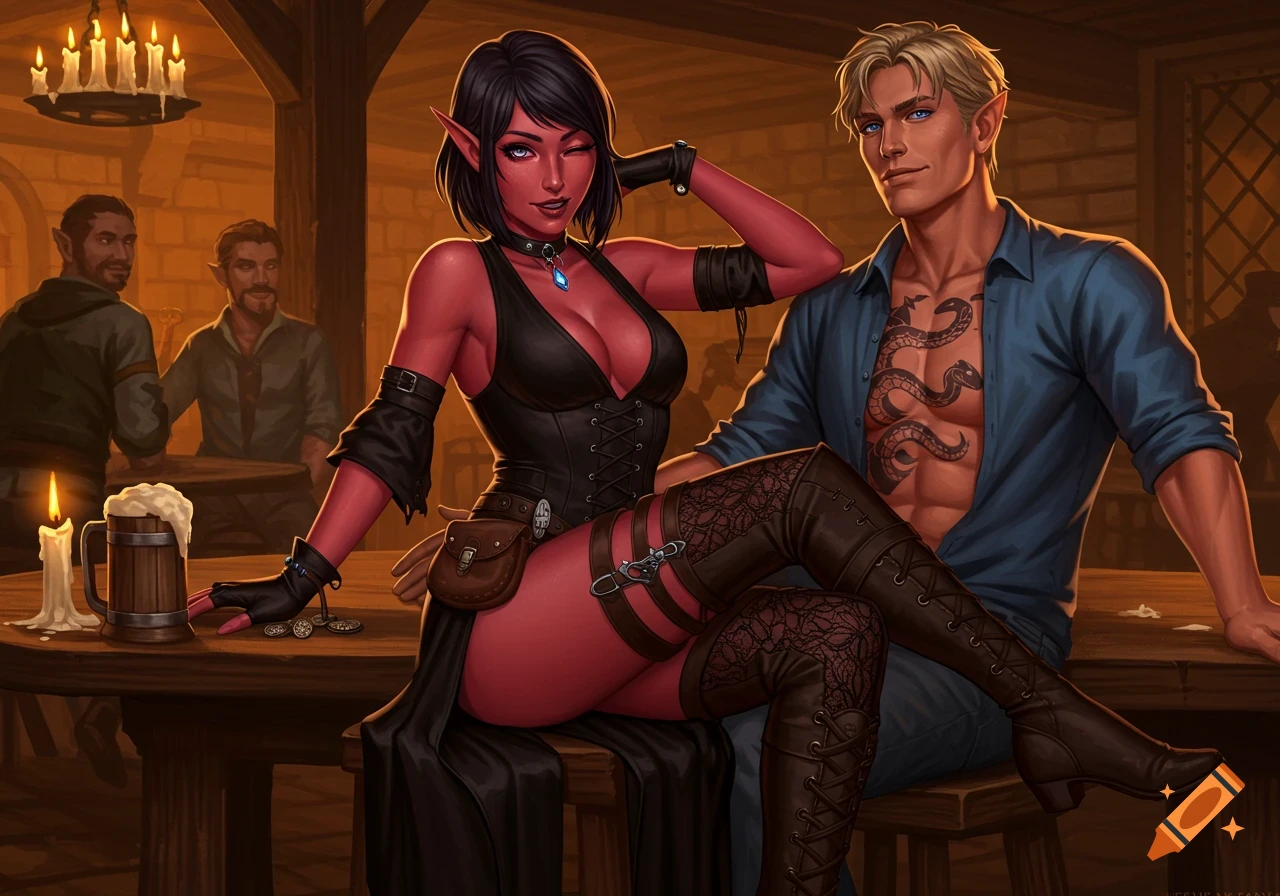 A red-skinned elf woman in a black corset winks from a tavern table next to a blonde man with a snake tattoo.