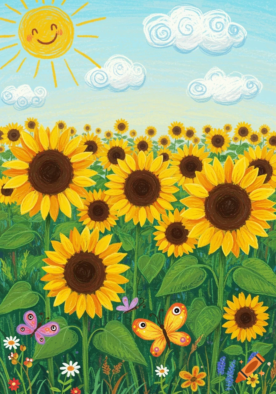 A vibrant crayon-style illustration of a sunflower field with a smiling sun and two butterflies.