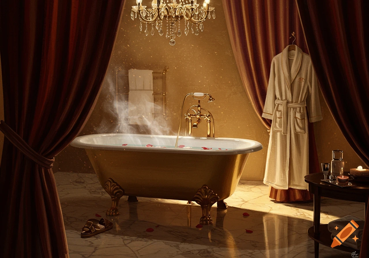 A luxurious bathroom with a steaming claw-foot bathtub, red curtains, a chandelier, and a bathrobe.