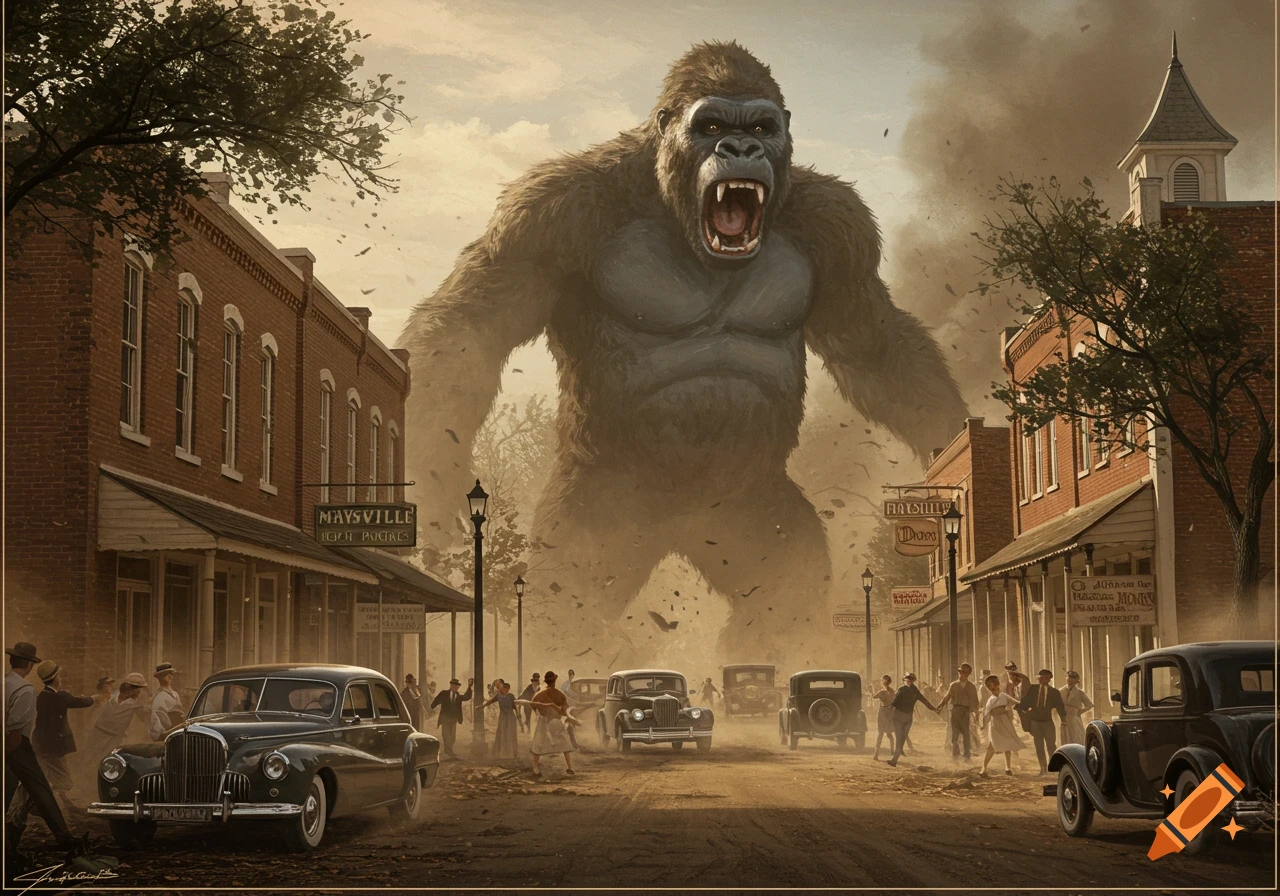 A giant King Kong roars, rampaging through a vintage town street as people flee and dust fills the air.