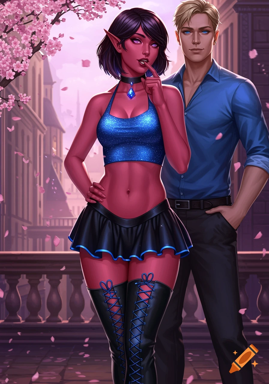 A red-skinned, dark-haired elf with pointed ears and pink eyes, in a blue crop top and black mini skirt, stands with a blond man in a blue shirt, under cherry blossoms.