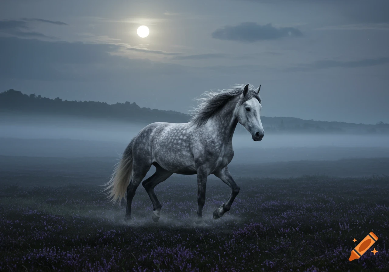 A dappled gray horse trots through a misty field of purple flowers at night under a full moon.