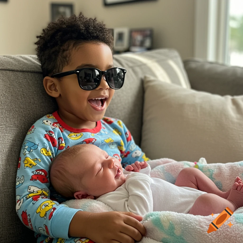 Smiling boy with sunglasses holds a newborn baby on a couch.