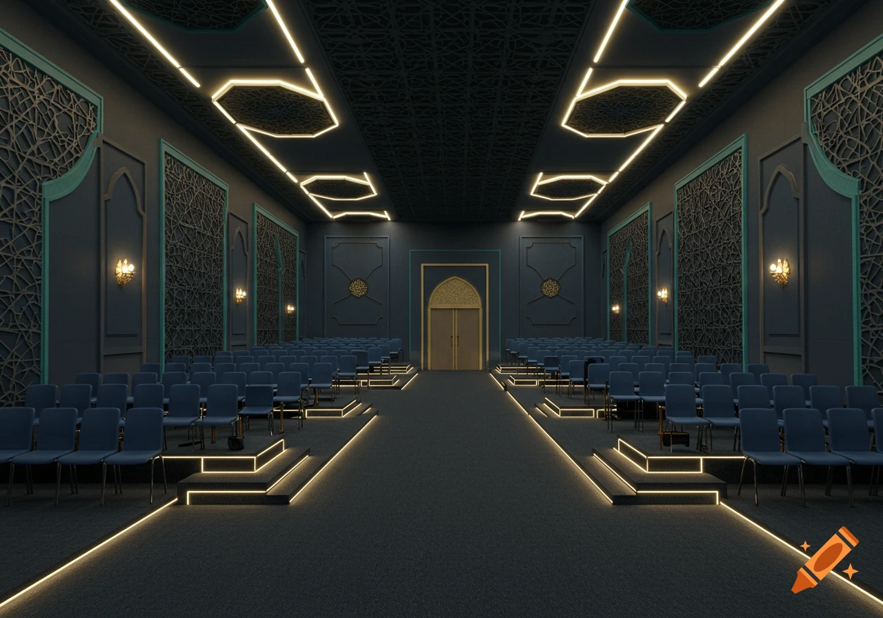 Empty, grand hall with rows of deep blue chairs, dark carpet, gold doors, and walls adorned with turquoise accents and Islamic geometric patterns, illuminated by warm hexagonal ceiling lights.