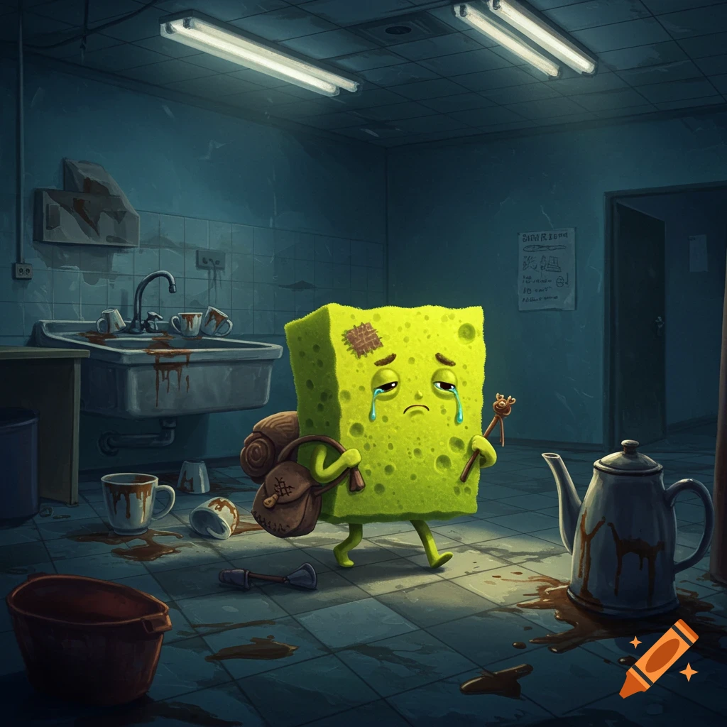 A sad, patched-up yellow sponge character with a hobo bag walks through a deserted, dirty kitchen with a sink full of dishes and a spilled teapot.