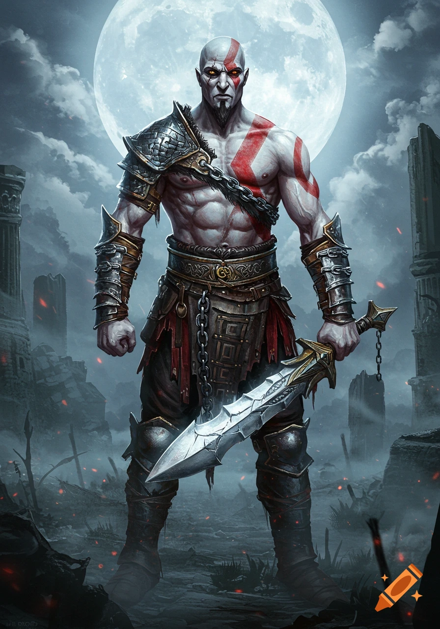Kratos, a pale-skinned warrior with red markings, stands under a full moon in a ruined landscape, holding a large sword.