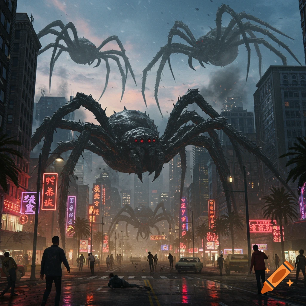 Photorealistic image of giant, menacing spiders with glowing red eyes attacking a futuristic city at dusk, with people fleeing.