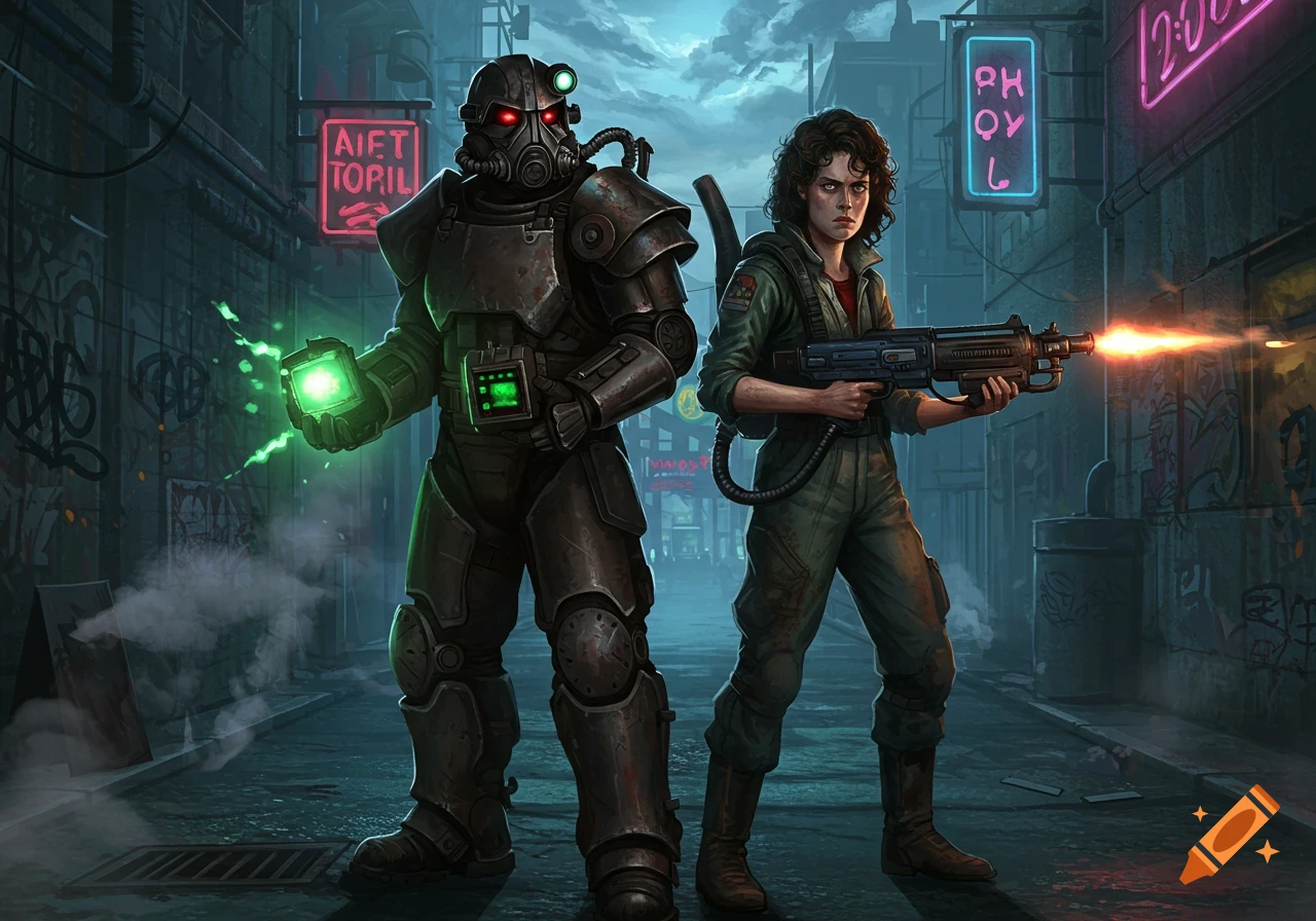 A character in power armor and Ellen Ripley with a rifle stand in a neon-lit dystopian alleyway.