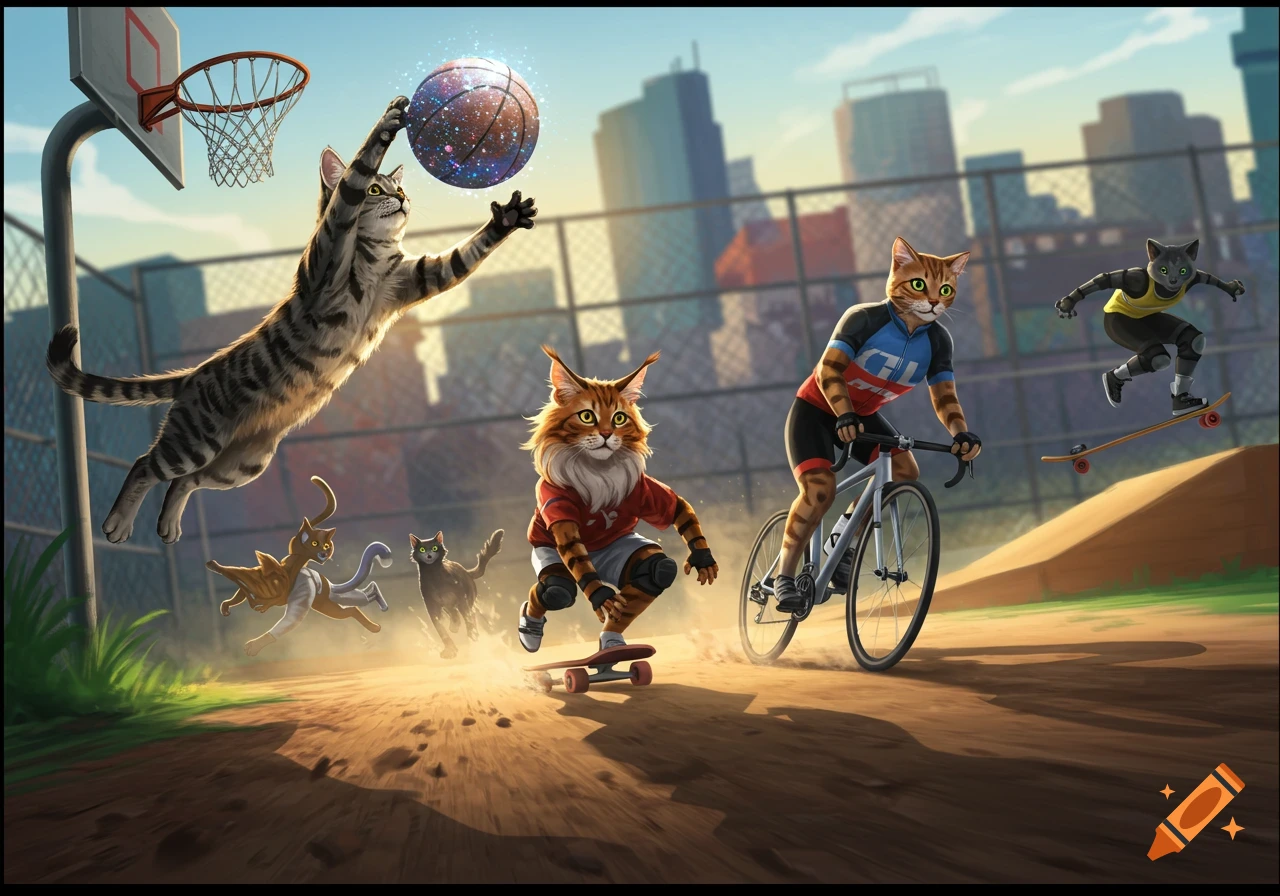 Anthropomorphic cats playing basketball, skateboarding, and cycling on an outdoor court with a city skyline in the background.