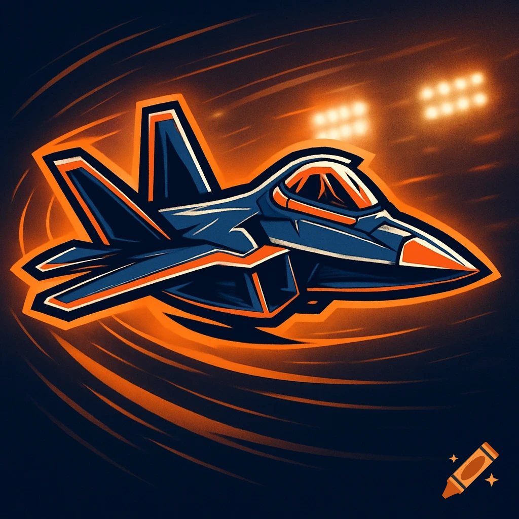 Stylized dark blue and orange F-22 Raptor fighter jet logo with speed lines against a dark background with stadium lights.