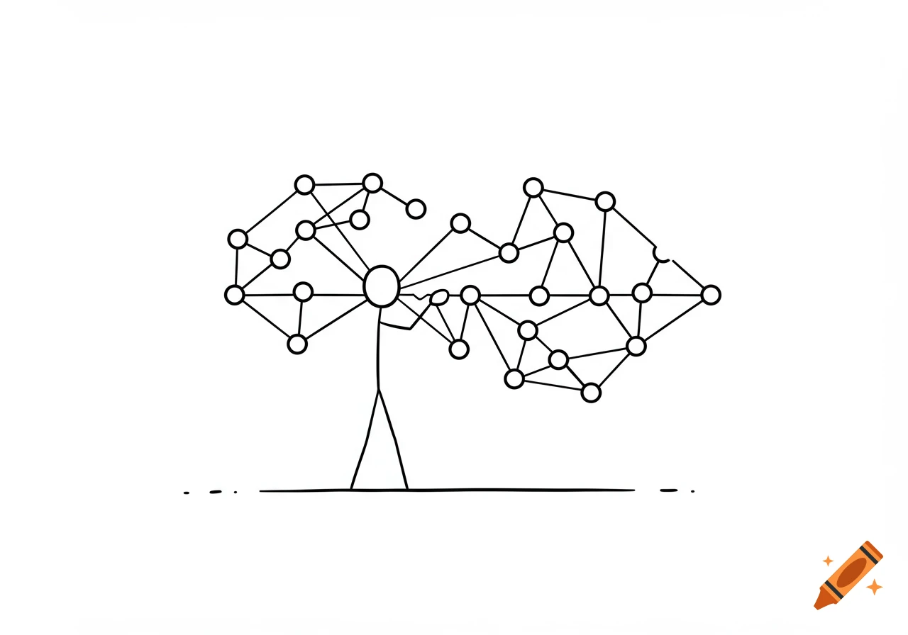 A simple black and white line illustration of a stick figure holding a complex network of connected circles and lines, resembling a neural network.