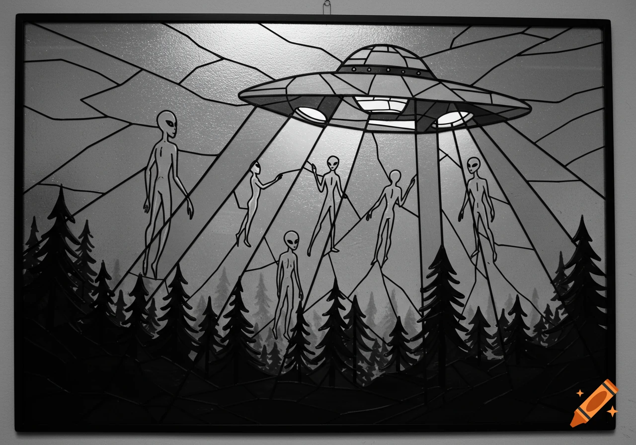 Black and white stained glass art depicting a UFO abducting humanoid aliens over a forest.