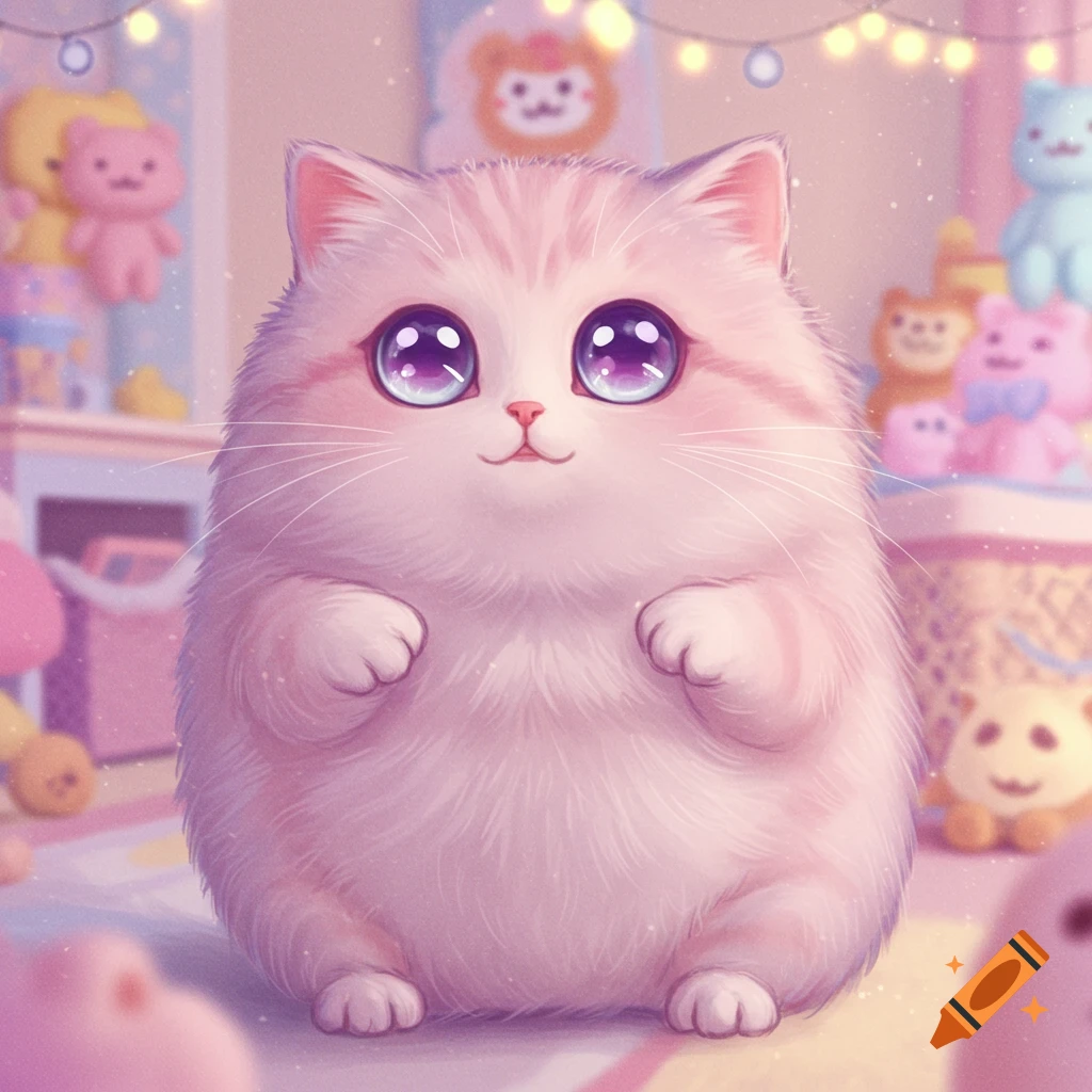 A fluffy pink and white striped cat with large, sparkling purple eyes sits in a softly lit room surrounded by blurred toys.