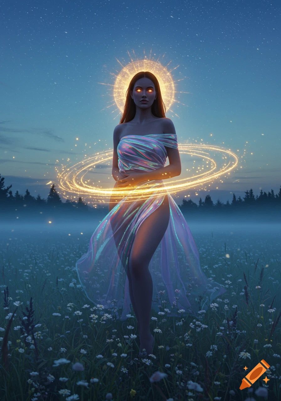 Ethereal woman with glowing eyes and halo stands in a misty field of wildflowers at dusk, surrounded by golden light rings.