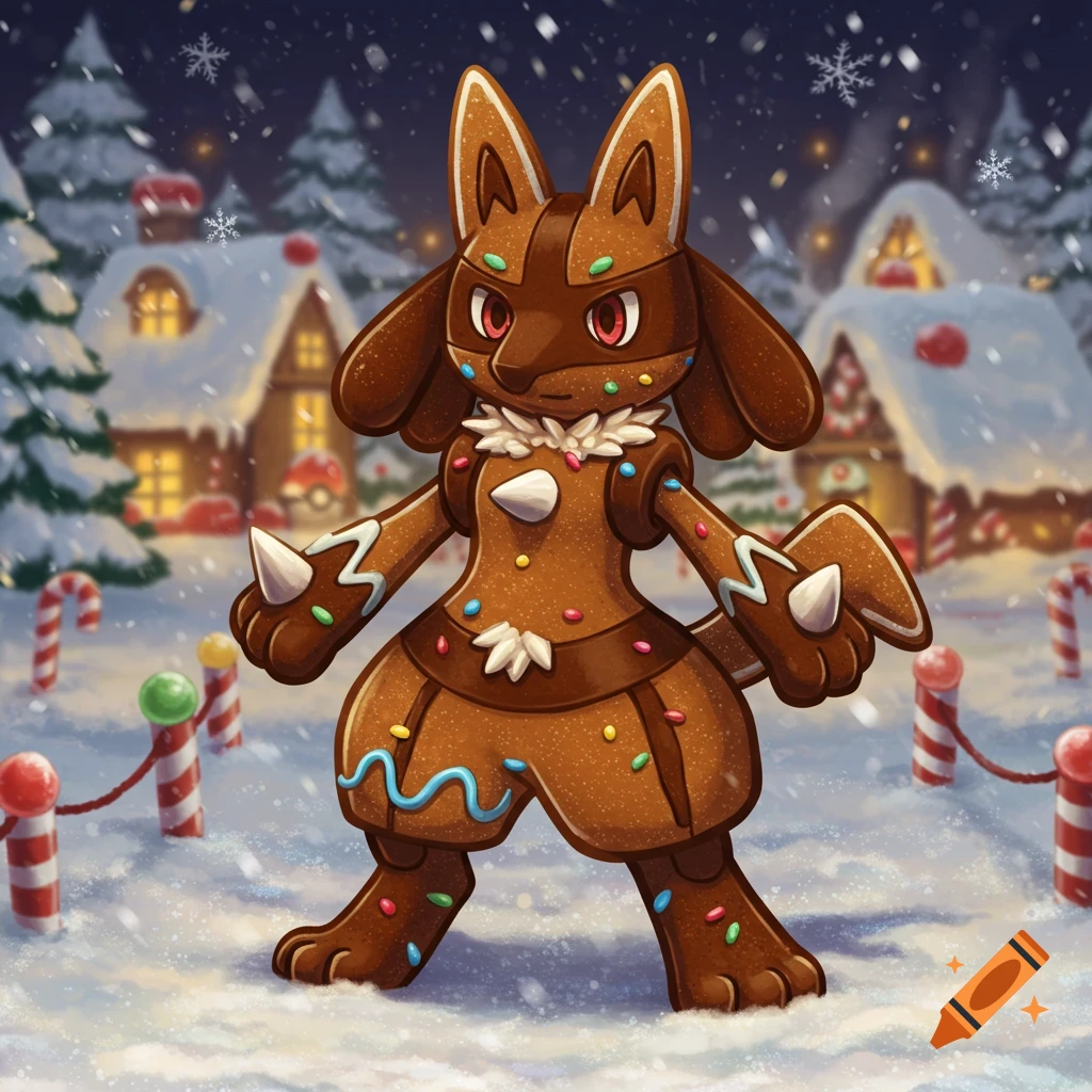 A festive gingerbread Lucario stands in a snowy village scene with gingerbread houses and candy canes under a night sky with falling snow.