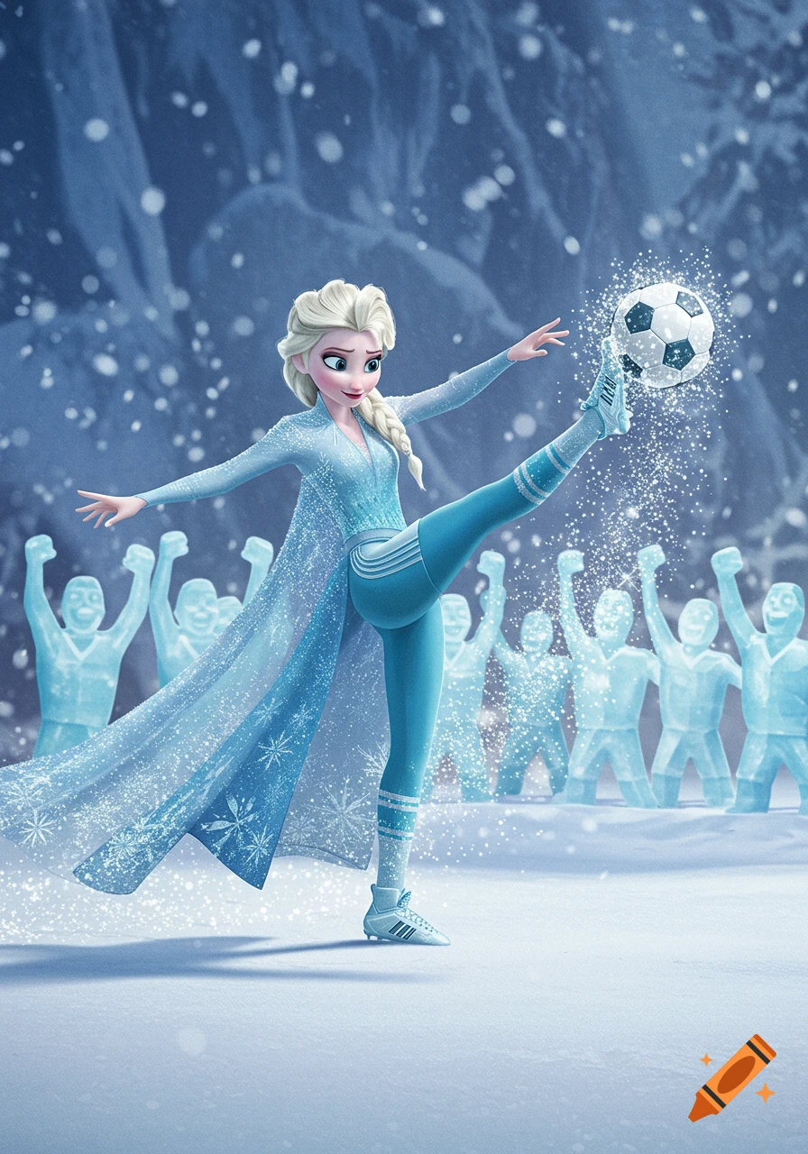 Elsa from Frozen, dressed in a blue athletic outfit and cape, kicks a soccer ball in a snowy, icy stadium with ice sculpture spectators.