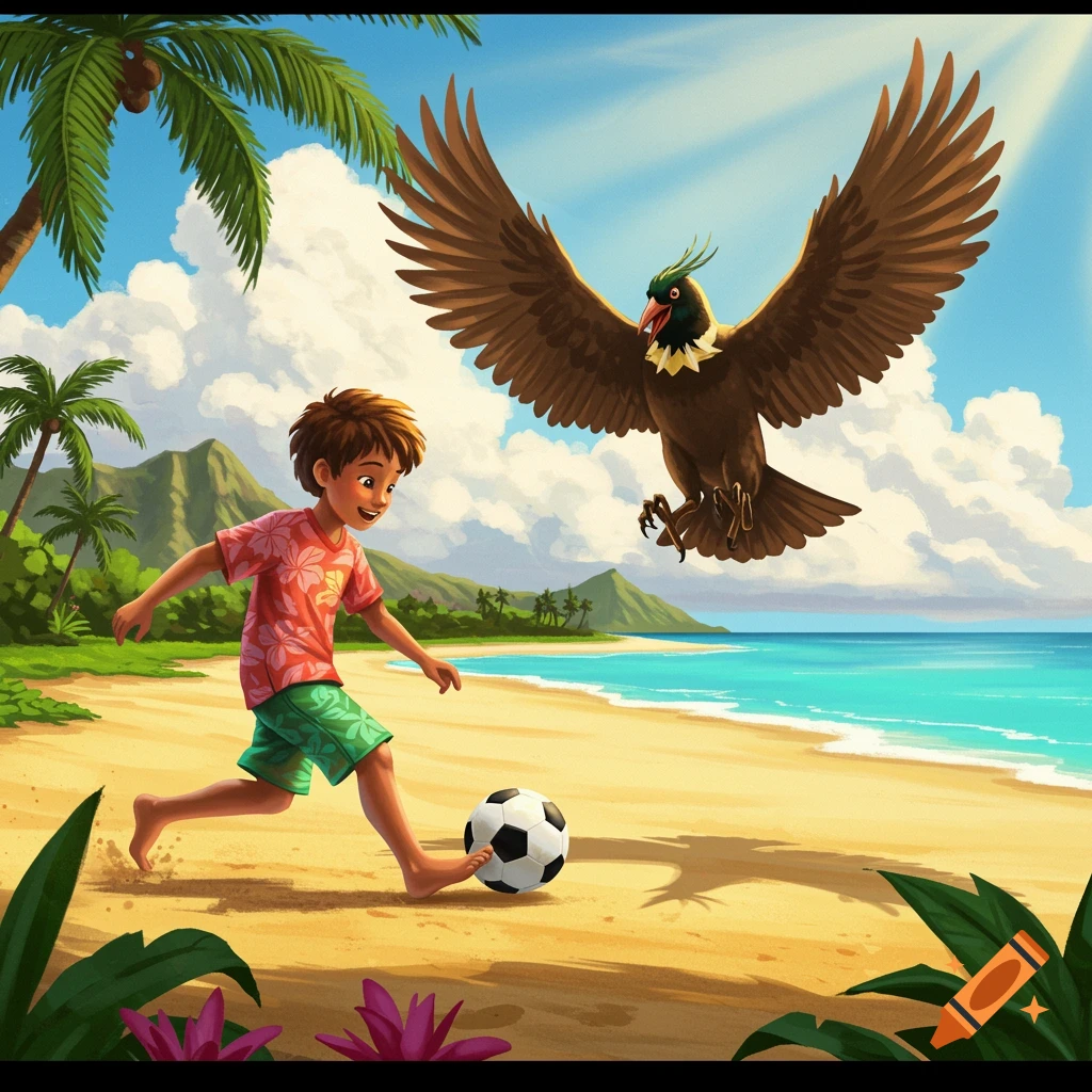 Cartoon boy plays soccer on a tropical beach as a large bird with brown wings flies above him.
