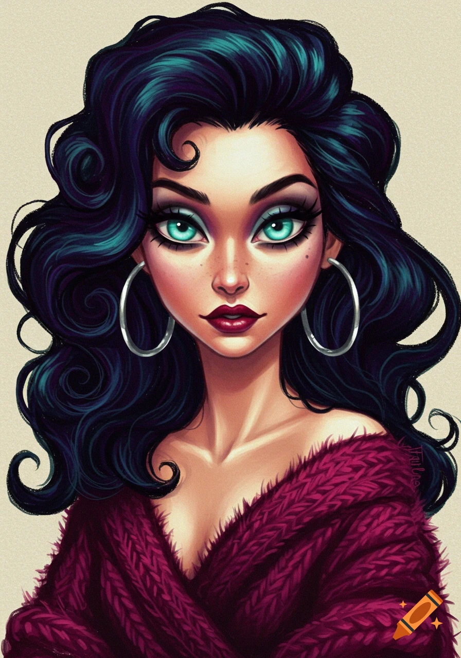Stylized portrait of a woman with dark curly hair, turquoise eyes, heavy makeup, silver hoop earrings, and a burgundy fuzzy sweater.