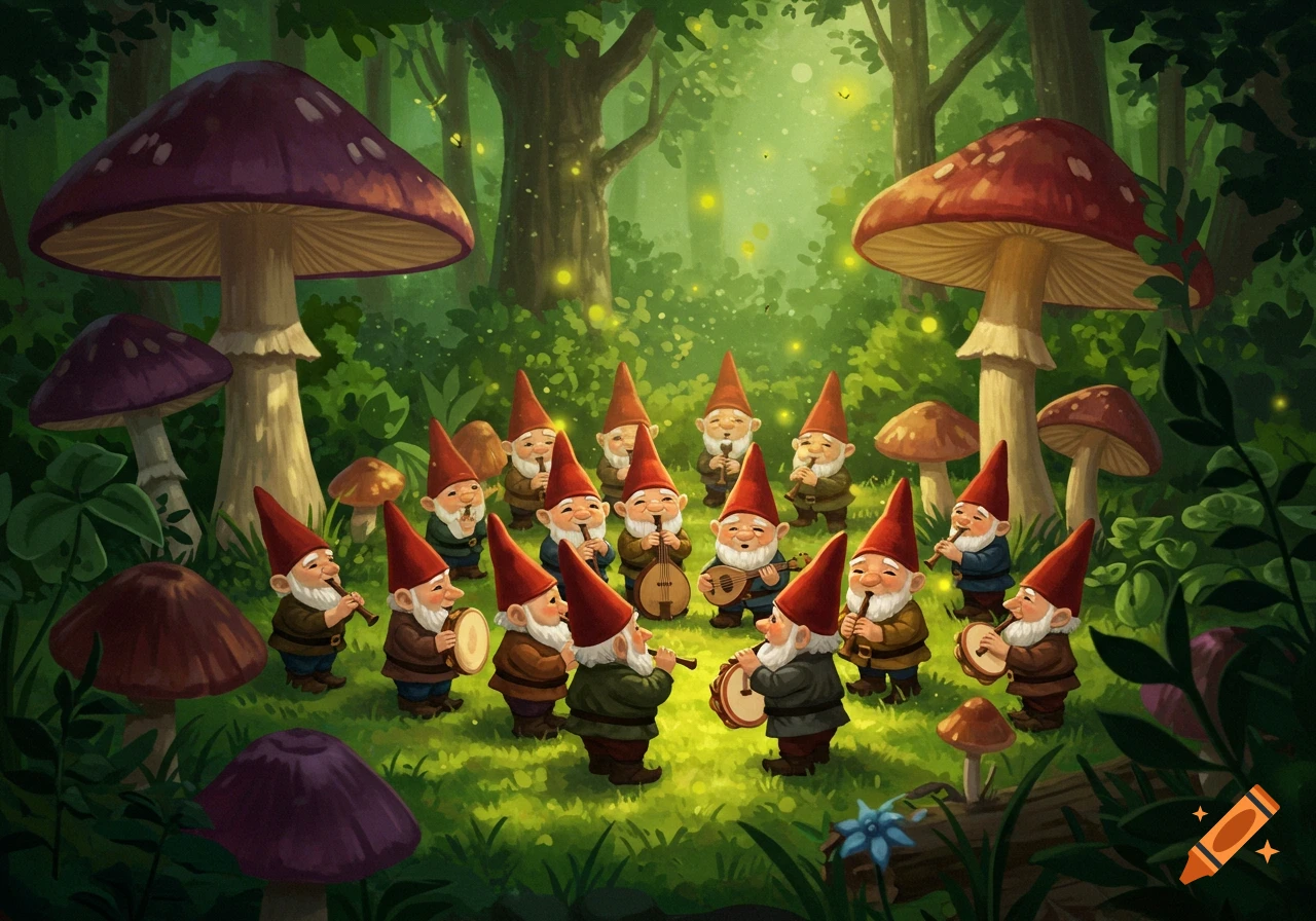 Whimsical illustration of gnomes playing instruments in an enchanted forest with large mushrooms and fireflies.