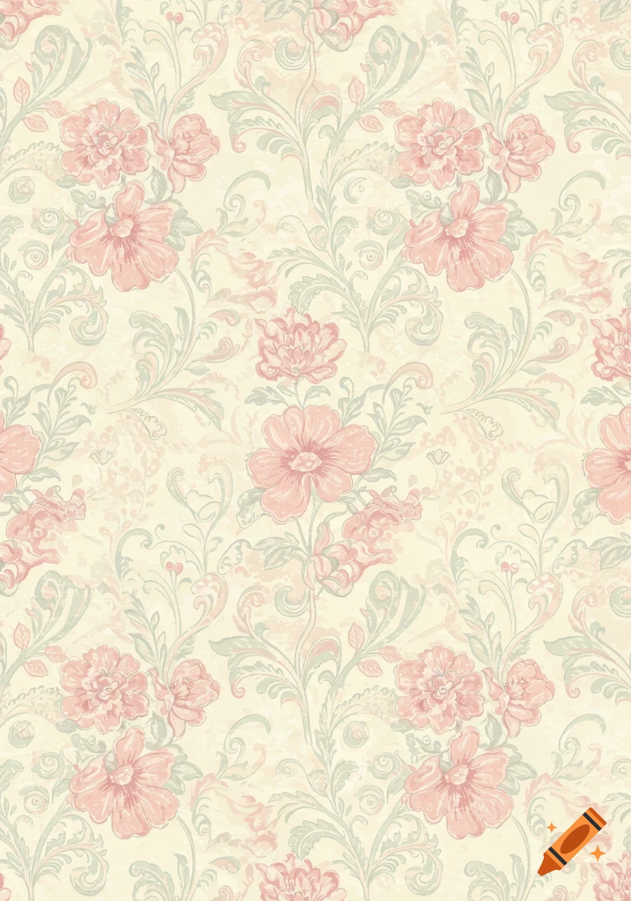 Seamless repeating floral pattern with whimsical hand-drawn pink flowers, delicate green vines, and cream background with vintage texture.