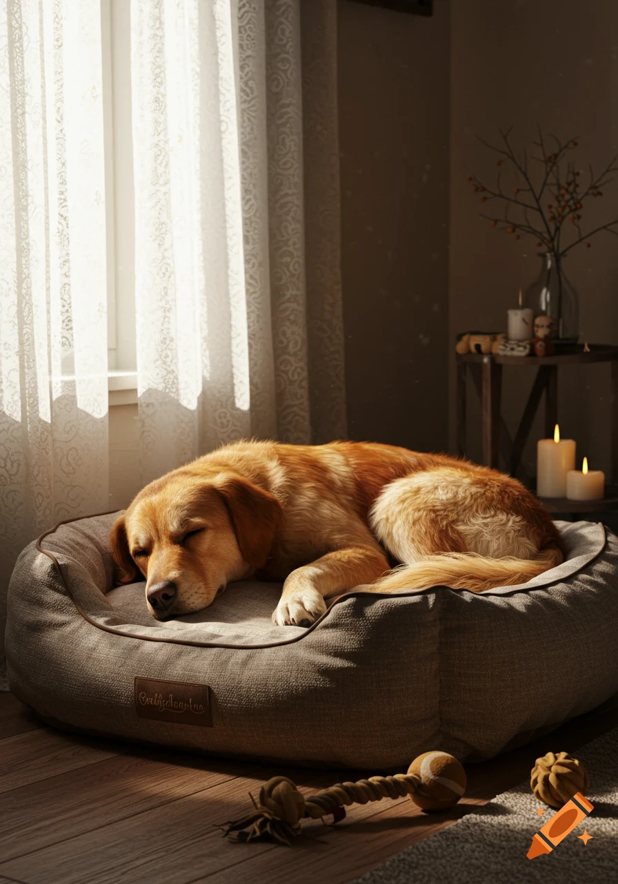 A photorealistic golden retriever dog sleeping soundly in a cozy grey dog bed, bathed in warm sunlight from a window.