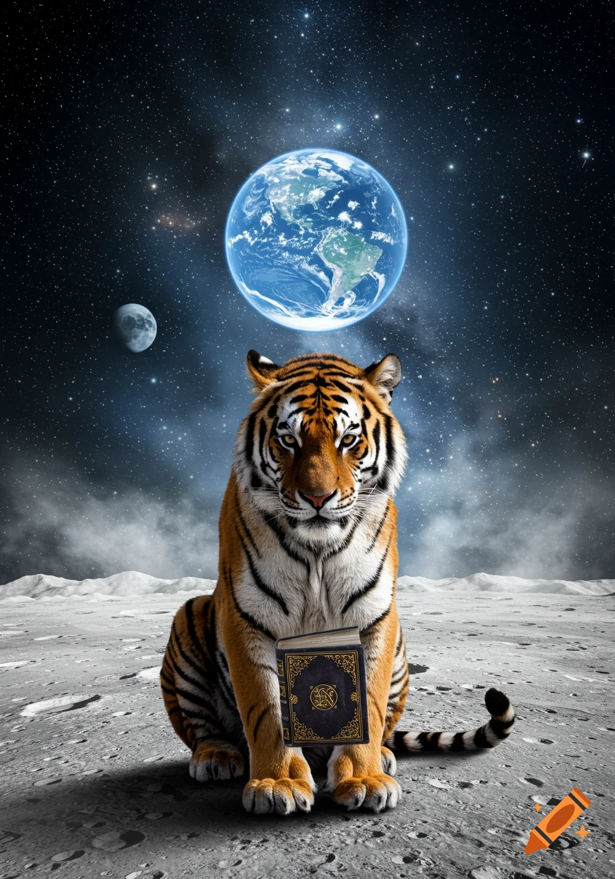 A tiger sits on the moon, holding an ornate book. Earth and a smaller moon are visible in the starry night sky.