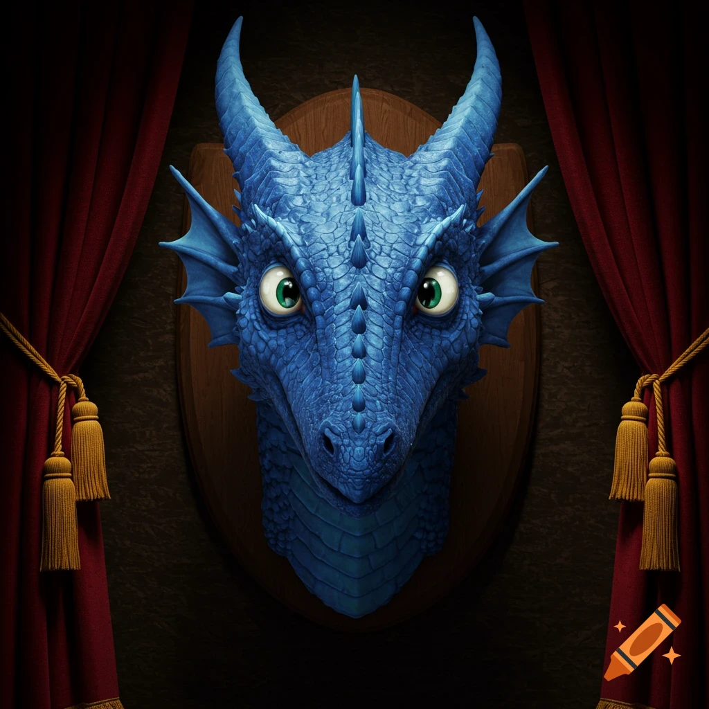 A blue dragon head with large googly eyes mounted on a wooden plaque, flanked by red curtains.