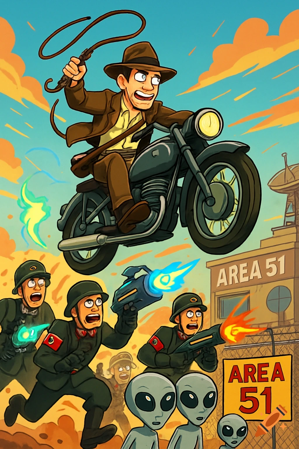A cartoon Indiana Jones-like character on a motorcycle jumps over soldiers and aliens in front of Area 51 base. Vibrant style.