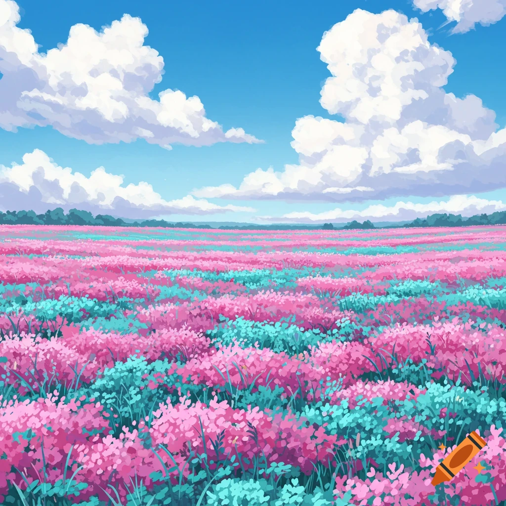 Vibrant illustrated meadow with hot pink and turquoise flowers under a sunny blue sky with puffy white clouds.