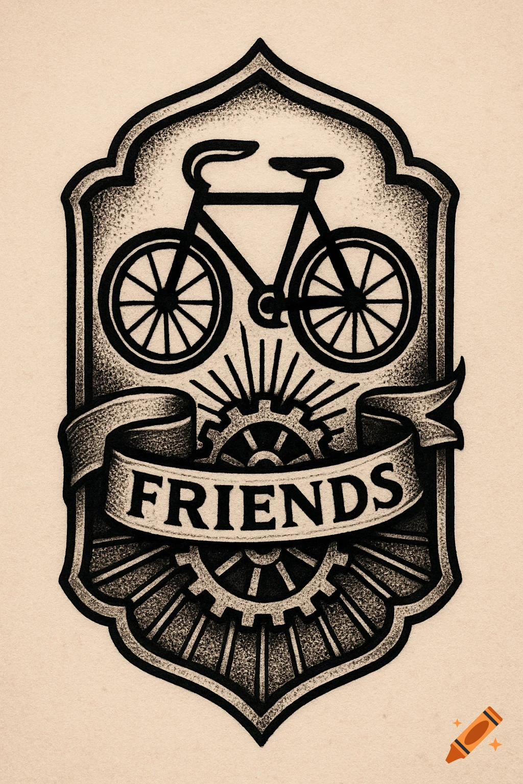 Black and white tattoo-style illustration of a bicycle within a shield badge, with a banner reading "FRIENDS" around a gear.