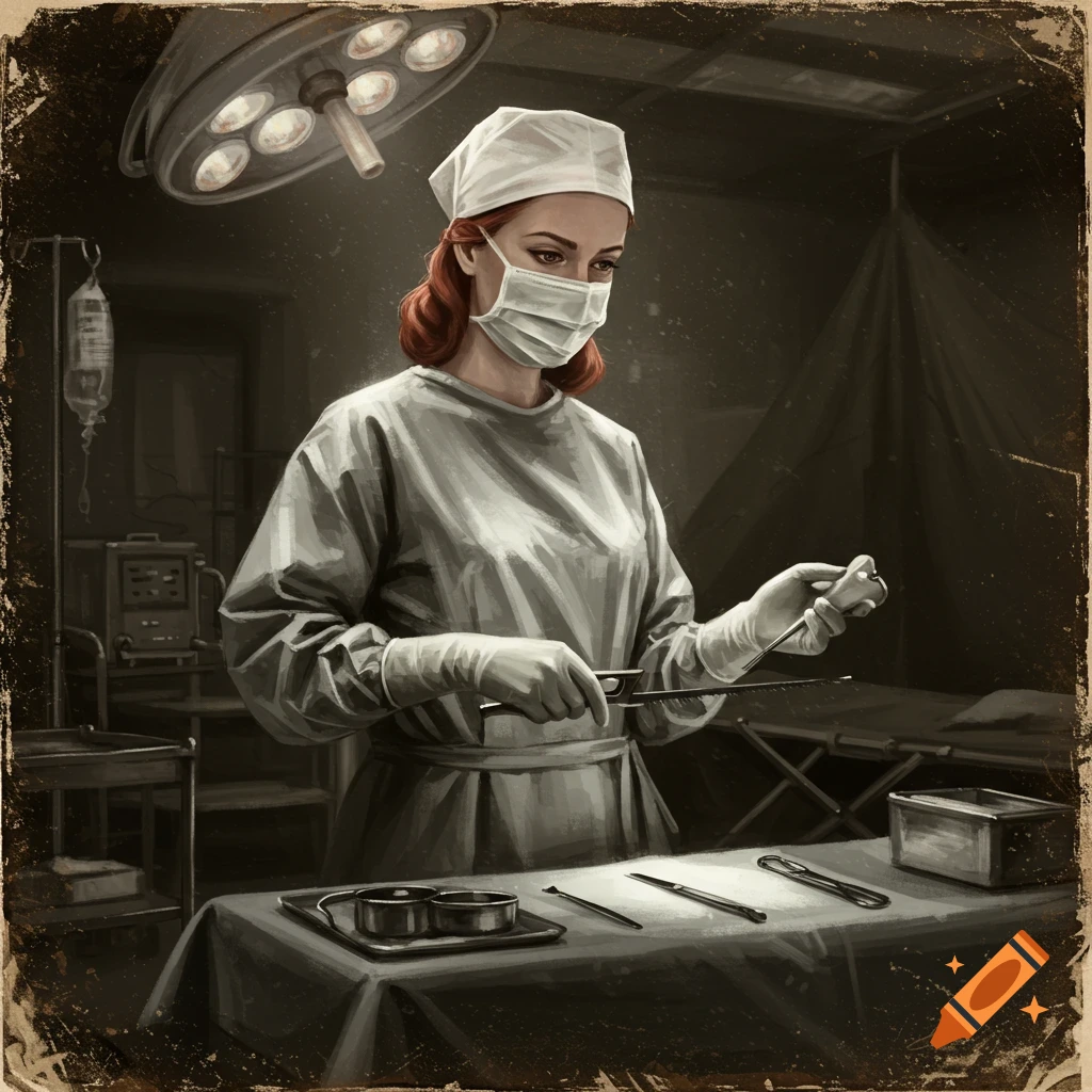 A 1950s female surgeon in a mask and gown holds a bone saw and other tools in a dimly lit field hospital with distressed edges.