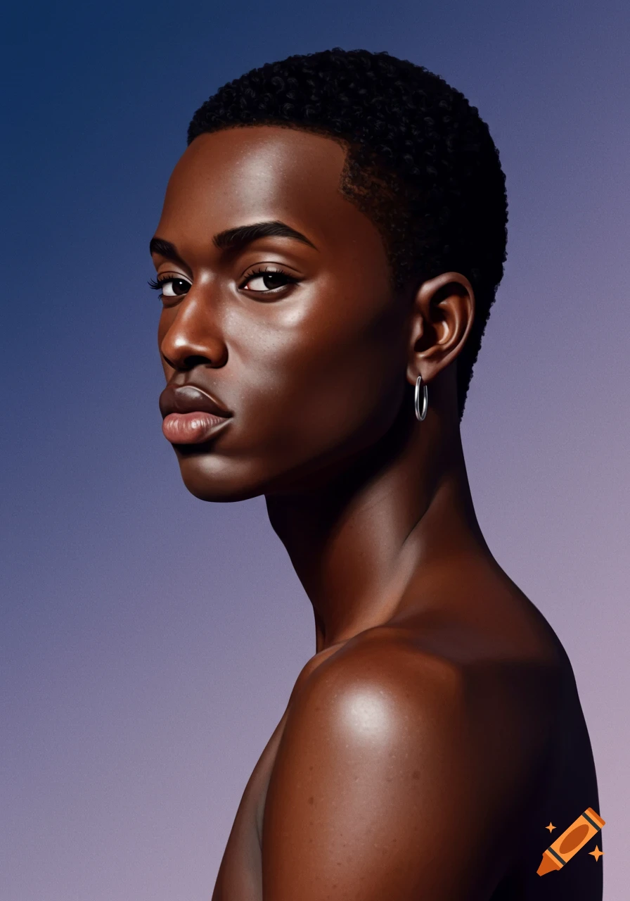 Close-up photorealistic portrait of a young Black person with short curly hair and a hoop earring, looking over their shoulder against a blue-purple gradient.