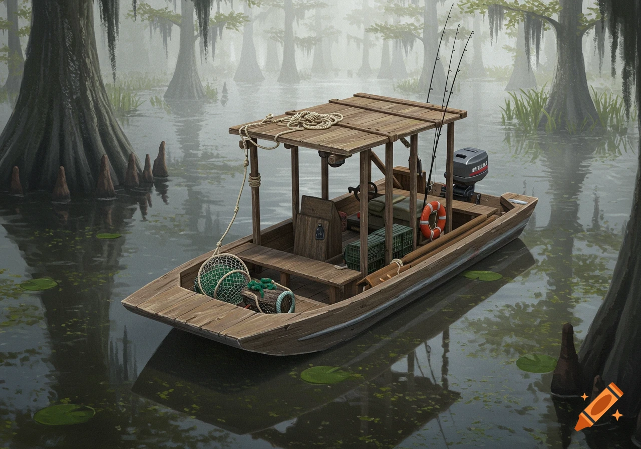 A detailed wooden swamp boat with fishing rods and a life preserver floats in a misty cypress swamp.